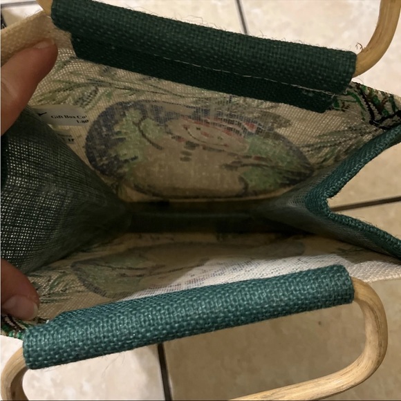 Jute Burlap Painted Wooden Handles Tote Bag Christmas Snowman Signed - Picture 10 of 14